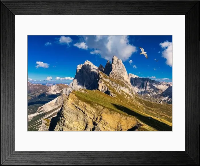 Framed Print : View on Seceda with birds flying over the peaks Framed Print : View on Seceda with birds flying over the peaks