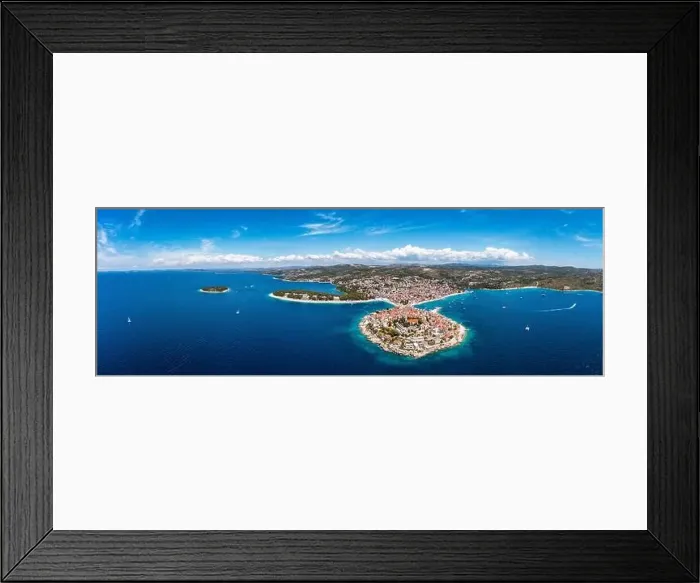 Framed Print : Aerial view of Primosten old town on the islet Framed Print : Aerial view of Primosten old town on the islet