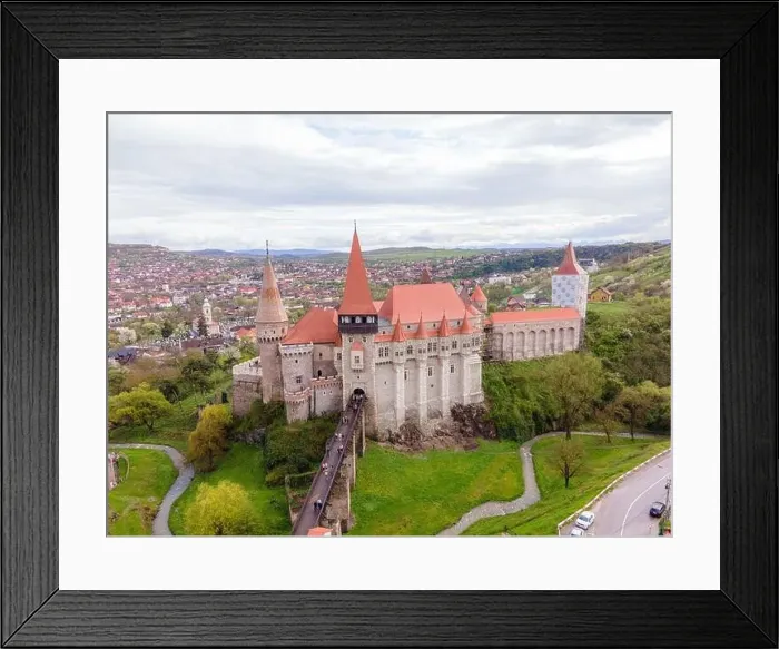 Framed Print : Aerial view of the Huniyad castle in Hunedoara, Romania Framed Print : Aerial view of the Huniyad castle in Hunedoara, Romania