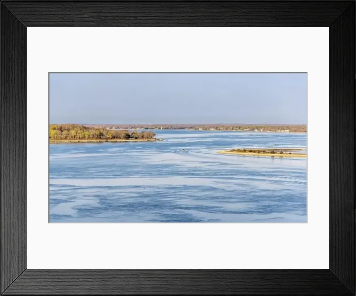 Framed Print : a spring landscape of a boat underway off quinipet camp with distant southold in the background Framed Print : a spring landscape of a boat underway off quinipet camp with distant southold in the background