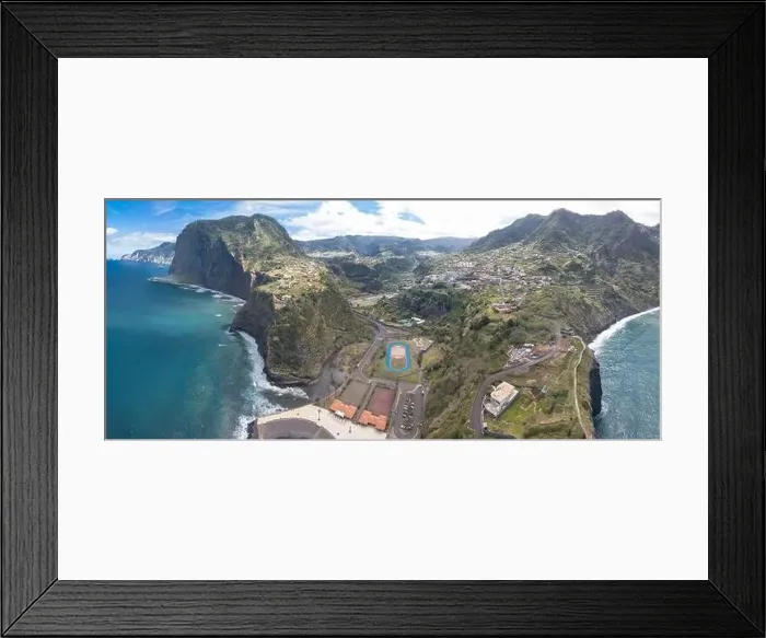 Framed Print : Madeira Island Portugal - 04 19 2023: Panoramic aerial drone view at the Faial village