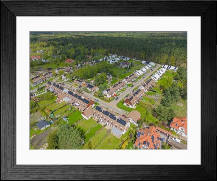 Framed Print : Aerial view of modern residential area with solar panels Framed Print : Aerial view of modern residential area with solar panels