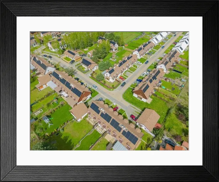 Framed Print : Aerial view of modern residential area with solar panels Framed Print : Aerial view of modern residential area with solar panels