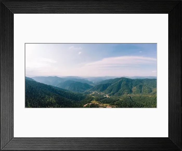 Framed Print : Beauty day in the mountains in Altay, panoramic picture. Aerial shot on drone, Near Teletskoe lake shot