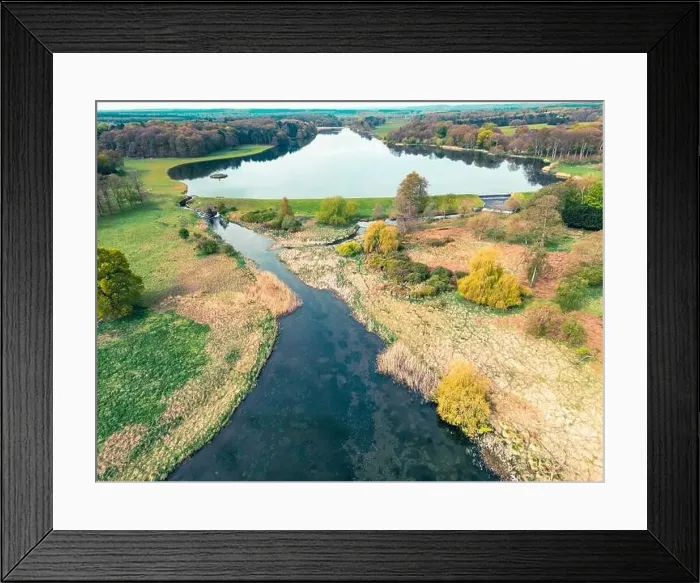 Framed Print : Drone high velvet view of a large lake and fresh water stream seen in the heart of Nottinghamshire, UK Framed Print : Drone high velvet view of a large lake and fresh water stream seen in the heart of Nottinghamshire, UK