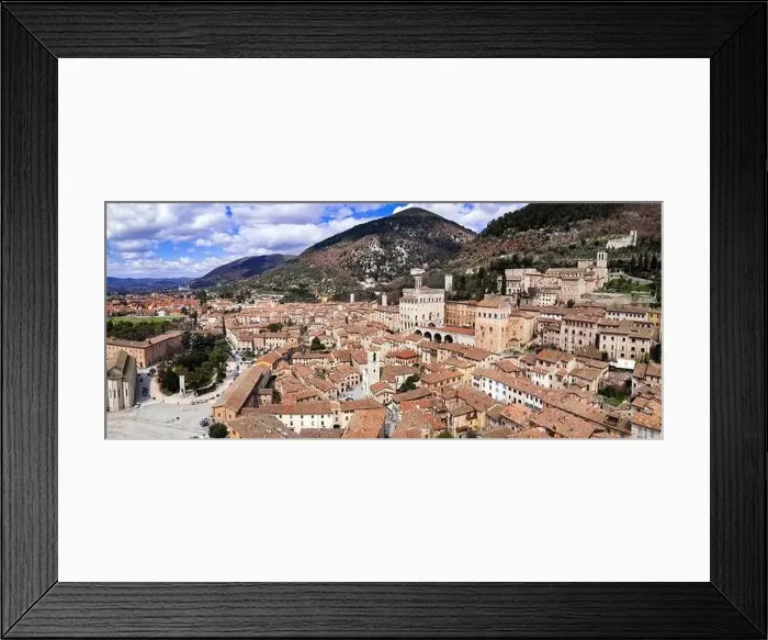 Framed Print : Aerial drone panoramic view of medieval town Gubbio in Umbria Framed Print : Aerial drone panoramic view of medieval town Gubbio in Umbria