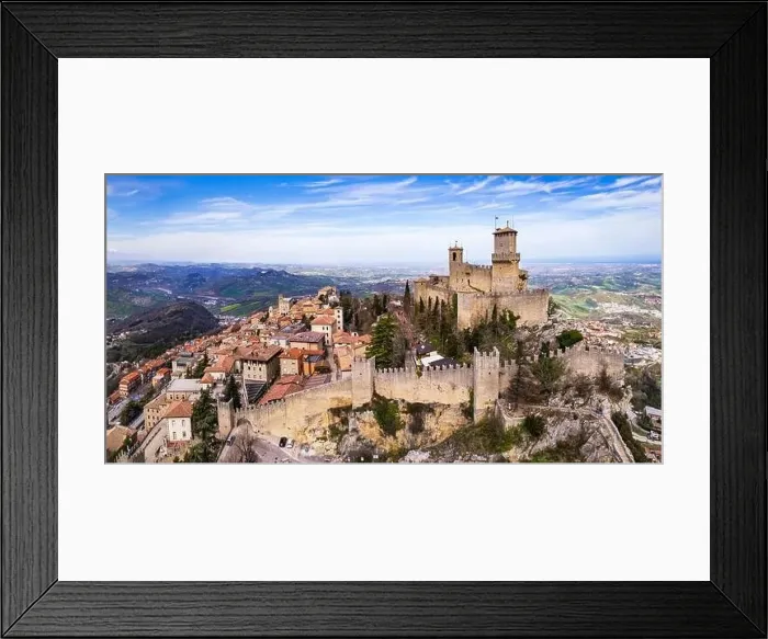 Framed Print : San Marino aerial drone panoramic view of medieval town and one of the castles. Italy travel and landmarks Framed Print : San Marino aerial drone panoramic view of medieval town and one of the castles. Italy travel and landmarks