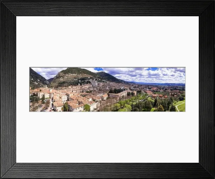 Framed Print : Aerial drone panoramic view of medieval town Gubbio in Umbria Framed Print : Aerial drone panoramic view of medieval town Gubbio in Umbria
