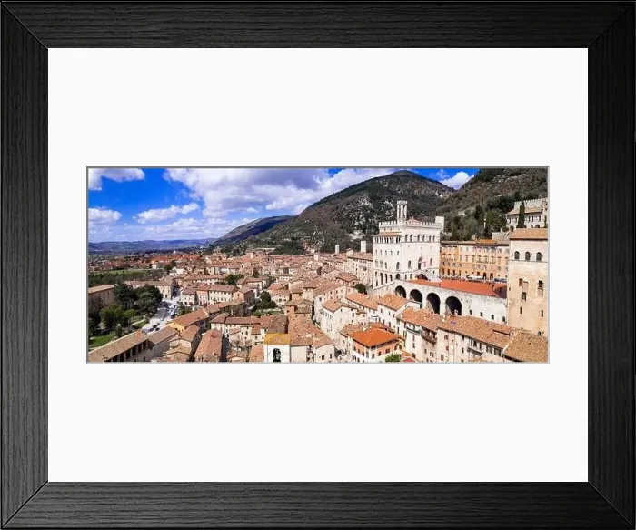 Framed Print : Aerial drone panoramic view of medieval town Gubbio in Umbria Framed Print : Aerial drone panoramic view of medieval town Gubbio in Umbria