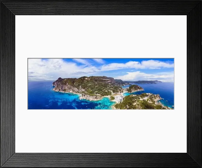 Framed Print : Corfu island. aerial drone view of popular and beautiful Paleokastrtsa tourist village and resort Framed Print : Corfu island. aerial drone view of popular and beautiful Paleokastrtsa tourist village and resort