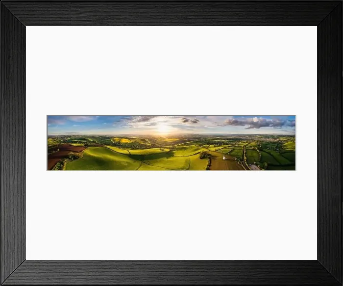 Framed Print : Sunset over Fields and Farmlands in spring from a drone, Devon, England, Europe Framed Print : Sunset over Fields and Farmlands in spring from a drone, Devon, England, Europe