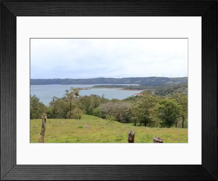 Framed Print : a Scenic view of lush green trees growing on hilly terrain against cloudy sky with lake arenal in costa rica Framed Print : a Scenic view of lush green trees growing on hilly terrain against cloudy sky with lake arenal in costa rica