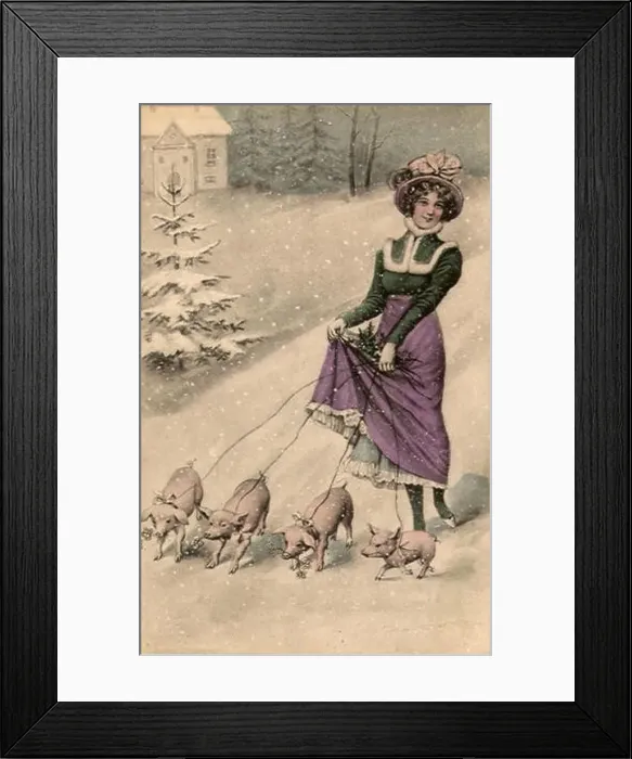 Framed Print : Woman Walking Pigs Framed Print : Woman Walking Pigs