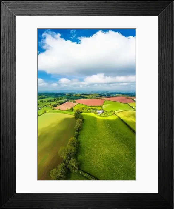 Framed Print : Fields and farms from a drone, Torquay, Devon, England Framed Print : Fields and farms from a drone, Torquay, Devon, England