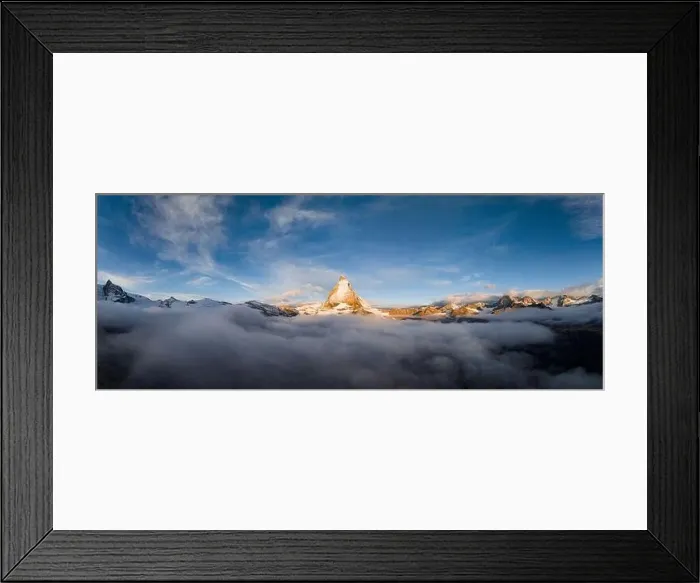 Framed Print : Aerial panoramic view of Matterhorn in autumn fog at dawn, Zermatt, Valais canton, Switzerland, Europe Framed Print : Aerial panoramic view of Matterhorn in autumn fog at dawn, Zermatt, Valais canton, Switzerland, Europe