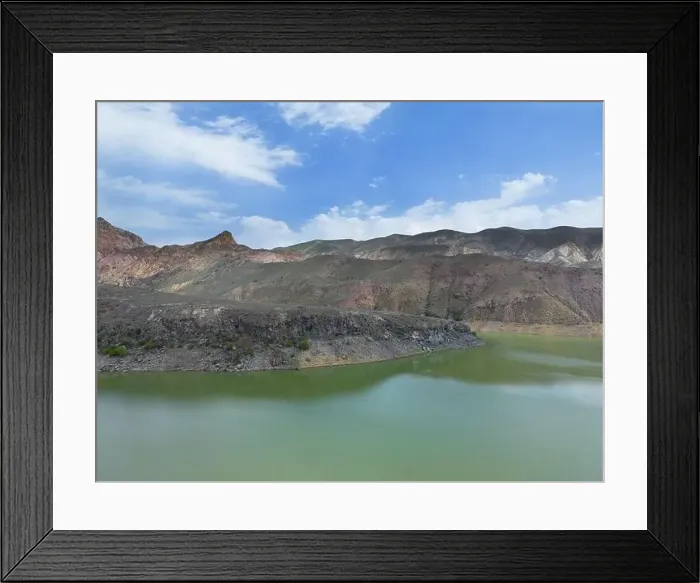 Framed Print : Aerial view on mountain lake. Drone over water reservoir at mountain valley Framed Print : Aerial view on mountain lake. Drone over water reservoir at mountain valley