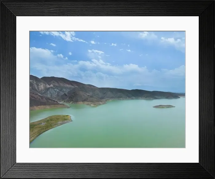 Framed Print : Aerial view on mountain lake. Drone over water reservoir at mountain valley Framed Print : Aerial view on mountain lake. Drone over water reservoir at mountain valley
