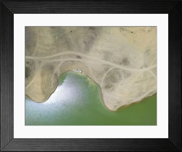 Framed Print : Aerial view lake. Drone over water reservoir at mountain valley Framed Print : Aerial view lake. Drone over water reservoir at mountain valley