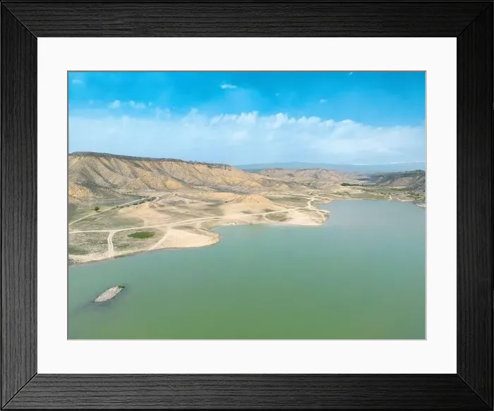 Framed Print : Aerial view on mountain lake. Drone view water reservoir at mountain valley Framed Print : Aerial view on mountain lake. Drone view water reservoir at mountain valley