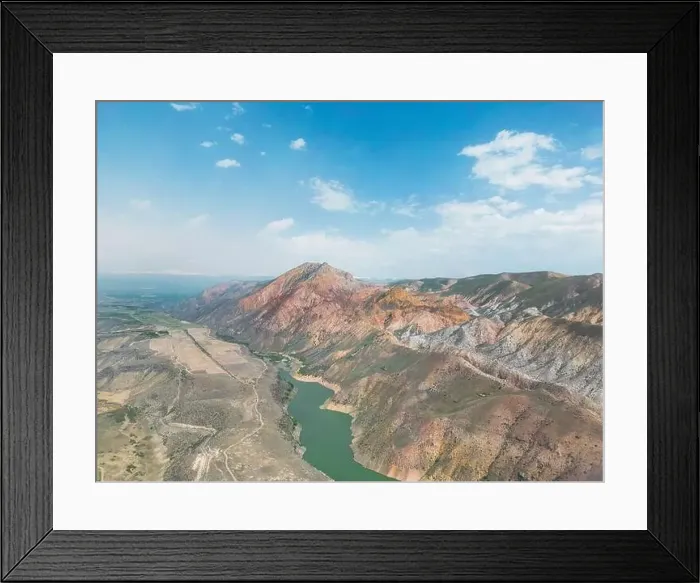 Framed Print : Aerial view on mountain lake. Drone view water reservoir at mountain valley Framed Print : Aerial view on mountain lake. Drone view water reservoir at mountain valley