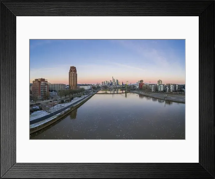 Framed Print : defaultAerial panoramic picture of Frankfurt skyline with river Main with colorful sky during sunrise in winter Framed Print : defaultAerial panoramic picture of Frankfurt skyline with river Main with colorful sky during sunrise in winter