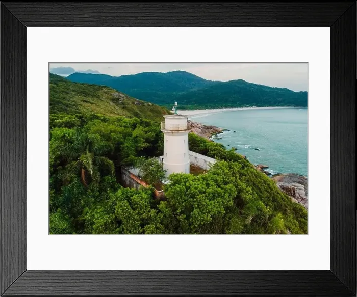 Framed Print : Aerial view of coastline with lighthouse and ocean on Santa Catarina island, Brazil Framed Print : Aerial view of coastline with lighthouse and ocean on Santa Catarina island, Brazil