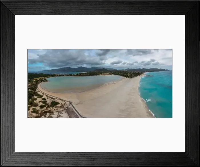 Framed Print : Aerial panorama of Capo Carbonara and the beach and lake near Villasimius in southeastern Sardinia Framed Print : Aerial panorama of Capo Carbonara and the beach and lake near Villasimius in southeastern Sardinia