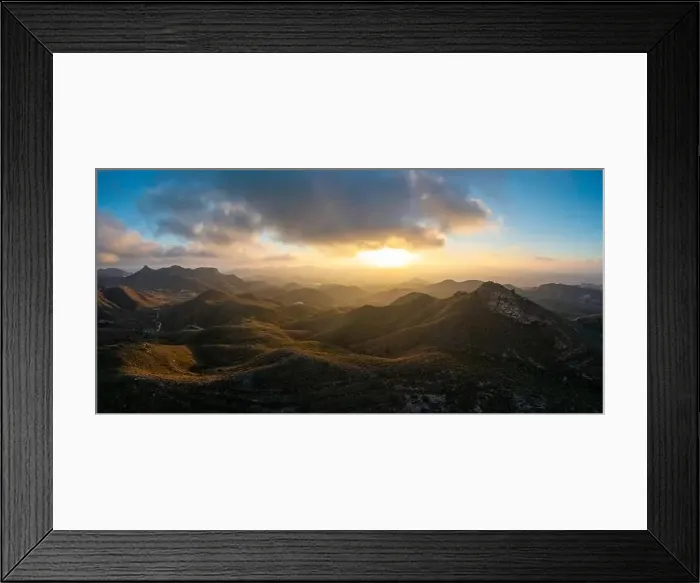Framed Print : Drone panorama landscape of semi-desert mountain landscape in southern Spain at sunset Framed Print : Drone panorama landscape of semi-desert mountain landscape in southern Spain at sunset