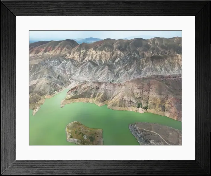 Framed Print : Aerial view on mountain lake. Drone view water reservoir at mountain valley Framed Print : Aerial view on mountain lake. Drone view water reservoir at mountain valley