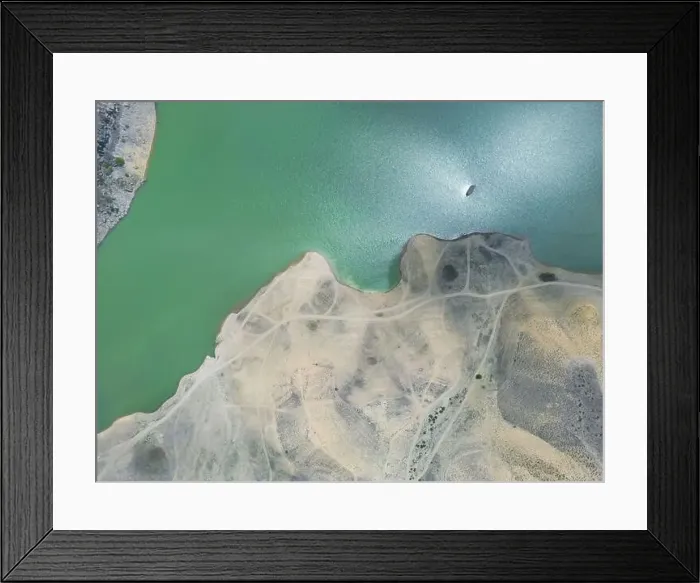Framed Print : Aerial view on mountain lake. Drone view water reservoir at mountain valley Framed Print : Aerial view on mountain lake. Drone view water reservoir at mountain valley