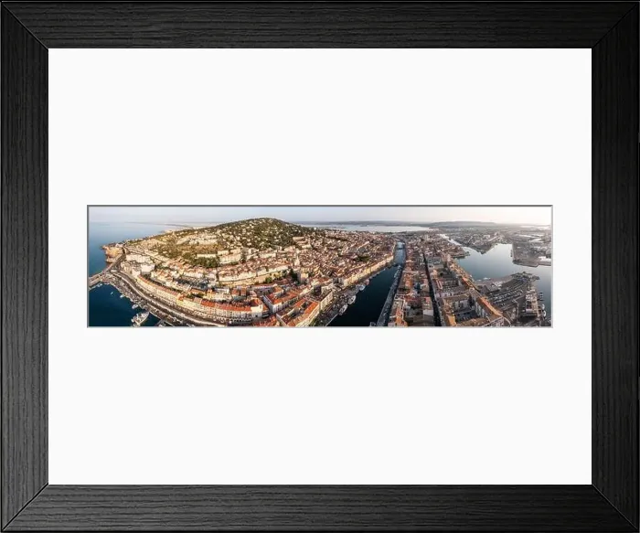 Framed Print : Aerial panoramic of the main canal of the city of Sète at sunrise, in Occitanie, France Framed Print : Aerial panoramic of the main canal of the city of Sète at sunrise, in Occitanie, France