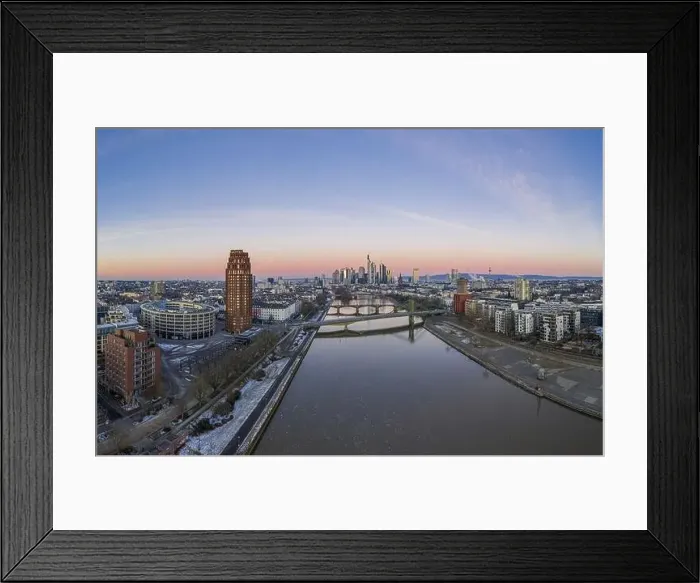 Framed Print : defaultAerial panoramic picture of Frankfurt skyline with river Main with colorful sky during sunrise in winter Framed Print : defaultAerial panoramic picture of Frankfurt skyline with river Main with colorful sky during sunrise in winter