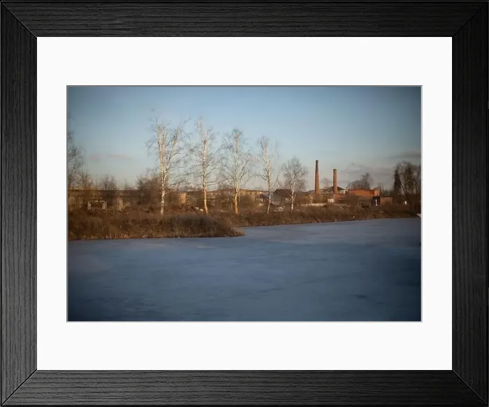 Framed Print : View of lake. Landscape with plant. Ice on lake. Industrial landscape Framed Print : View of lake. Landscape with plant. Ice on lake. Industrial landscape