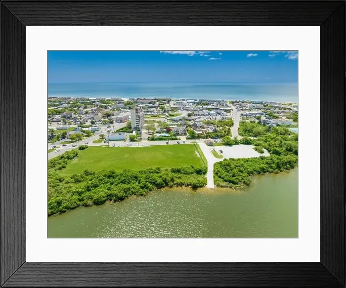 Framed Print : aerial view of montauk's commerical area with ocean in the background Framed Print : aerial view of montauk's commerical area with ocean in the background