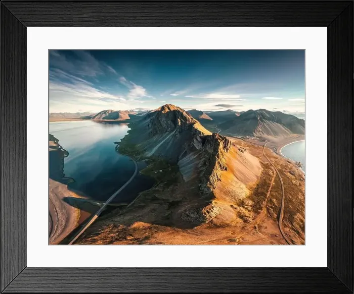 Framed Print : Aerial view of beautiful Mount Eystrahorn with Krossasnesfjall mountain range Framed Print : Aerial view of beautiful Mount Eystrahorn with Krossasnesfjall mountain range