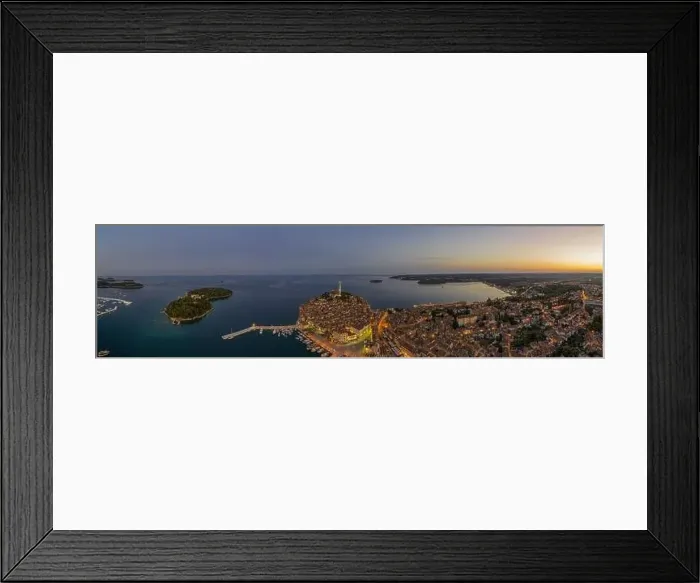 Framed Print : Panoramic aerial drone picture of the historic city Rovinj in Croatia during sunrise in summer Framed Print : Panoramic aerial drone picture of the historic city Rovinj in Croatia during sunrise in summer