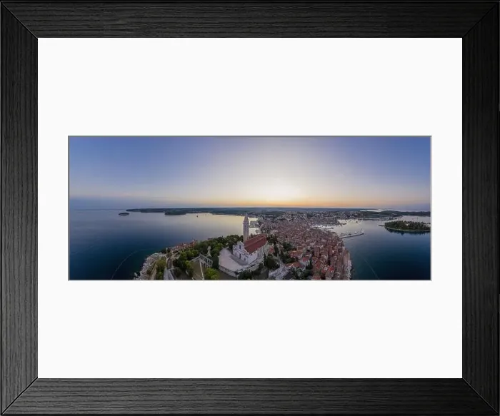 Framed Print : Panoramic aerial drone picture of the historic city Rovinj in Croatia during sunrise Framed Print : Panoramic aerial drone picture of the historic city Rovinj in Croatia during sunrise