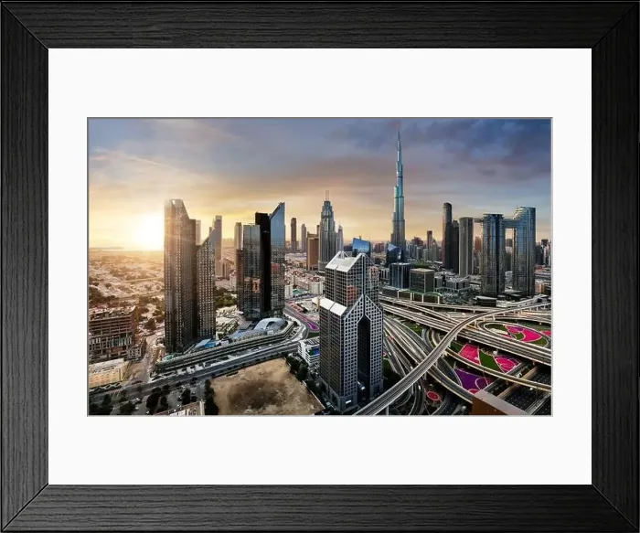 Framed Print : Beautiful aerial sunrise in Dubai centre with panoramic skyline view, UAE Framed Print : Beautiful aerial sunrise in Dubai centre with panoramic skyline view, UAE