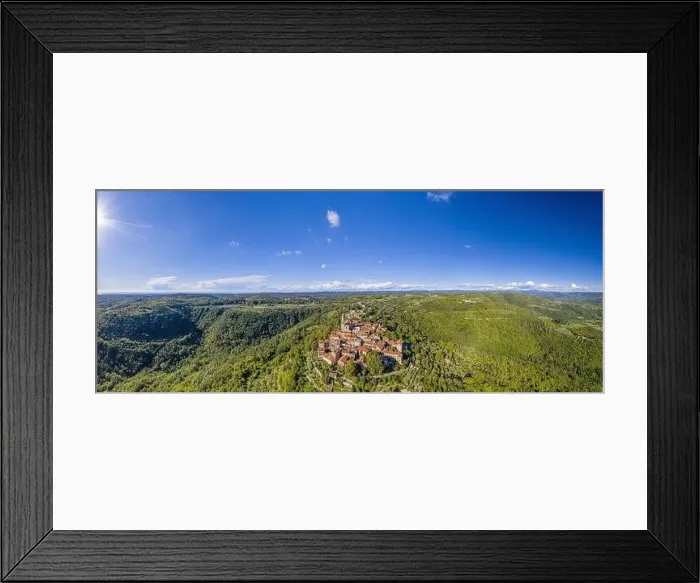 Framed Print : Aerial panoramic drone picture of the medieval town of Groznjan on the Istrian peninsula during daytime in summer Framed Print : Aerial panoramic drone picture of the medieval town of Groznjan on the Istrian peninsula during daytime in summer