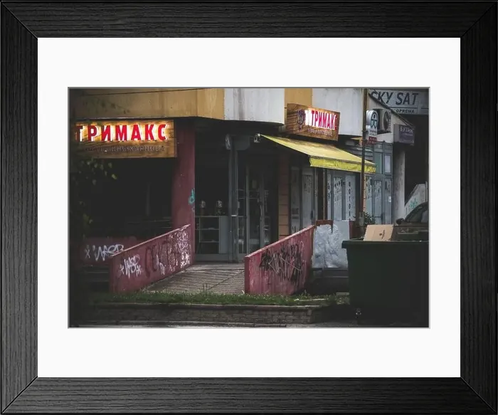 Framed Print : Store named trimaks with a neon advertisement and a dumpster in front all in a dim, creepy and scary environment Framed Print : Store named trimaks with a neon advertisement and a dumpster in front all in a dim, creepy and scary environment