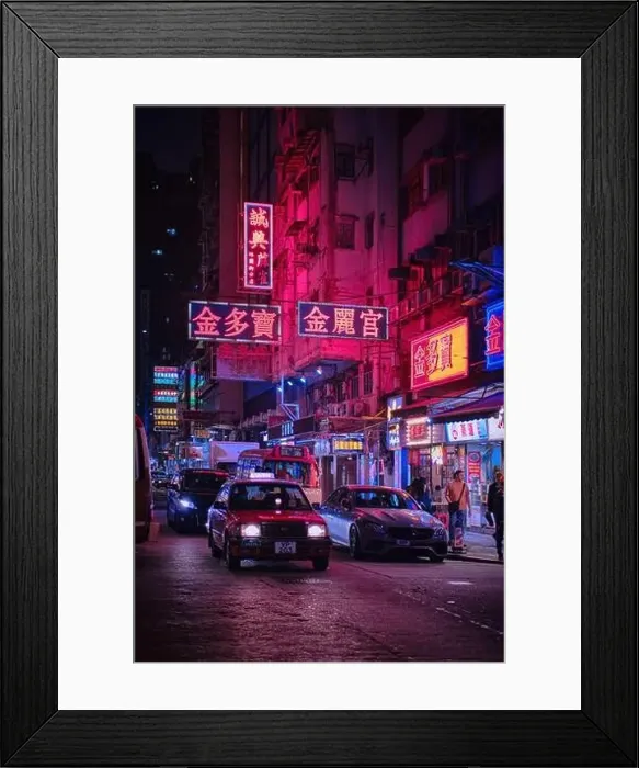Framed Print : Mong Kok, Hong Kong - April 12 2023: A Traditional red Taxi and colorful neon light signs Framed Print : Mong Kok, Hong Kong - April 12 2023: A Traditional red Taxi and colorful neon light signs