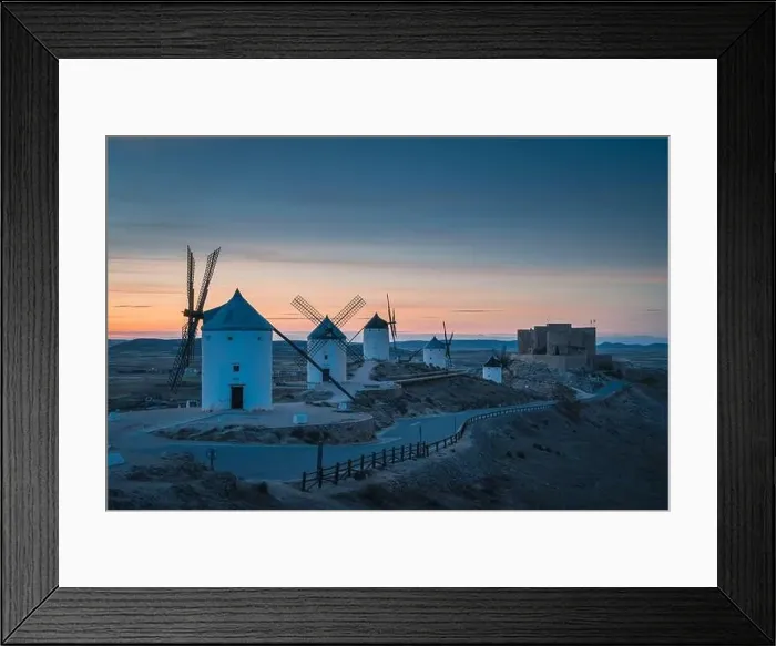 Framed Print : Sunset landscapes of Don Quixote windmills in Consuegra, Toledo, Spain Framed Print : Sunset landscapes of Don Quixote windmills in Consuegra, Toledo, Spain
