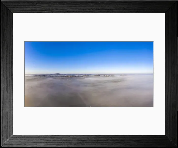 Framed Print : Drone image of morning ground fog over fields in the German province of North Hesse near the village of Rhoden in autumn