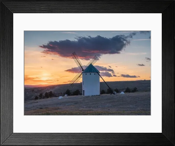Framed Print : Sunset landscapes of Don Quixote windmills in Campo de Criptana, Toledo, Spain