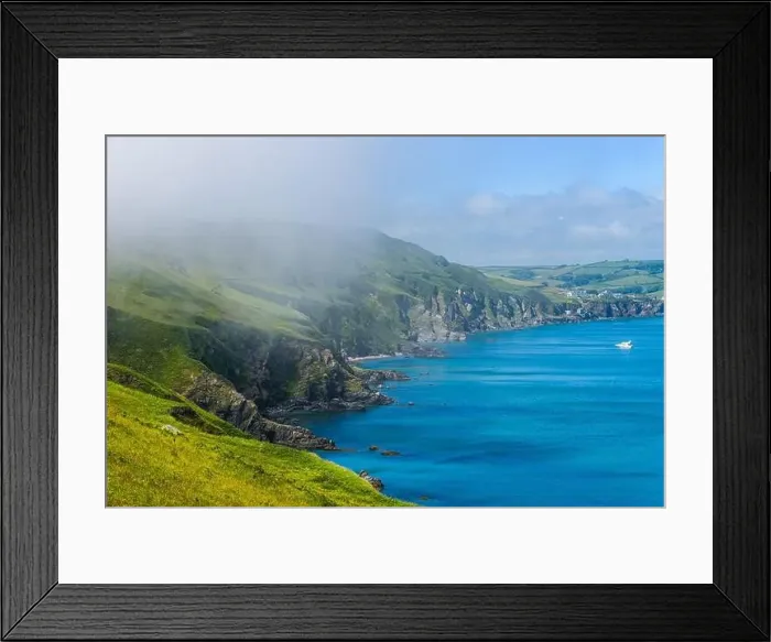 Framed Print : Sea Fret over Cliffs, Start Point Lighthouse, Trinity House and South West Coast Path, Devon, England