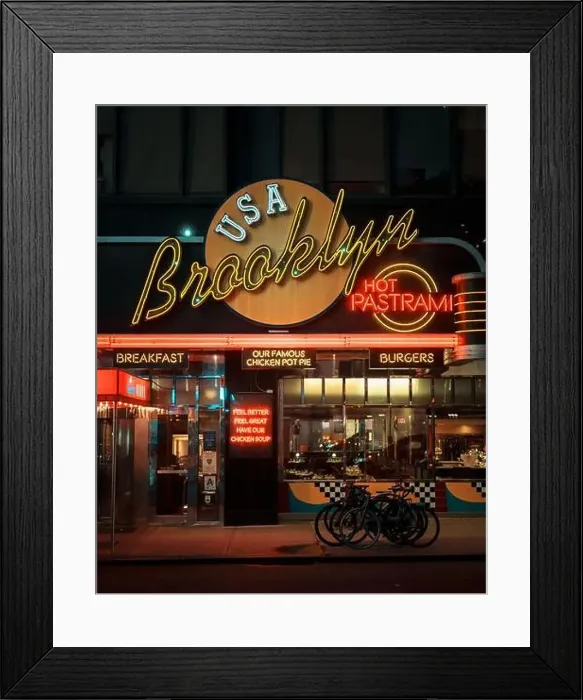 Framed Print : Brooklyn Diner neon sign at night in Times Square, Manhattan, New York Framed Print : Brooklyn Diner neon sign at night in Times Square, Manhattan, New York
