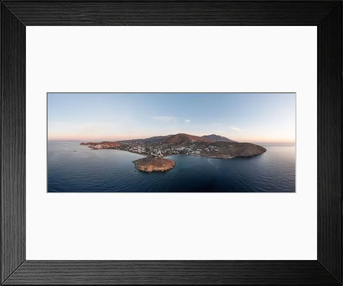 Framed Print : Tinos island, Cyclades Greece. Aerial panoramic drone view of Agios Ioannis bay at sunset Framed Print : Tinos island, Cyclades Greece. Aerial panoramic drone view of Agios Ioannis bay at sunset