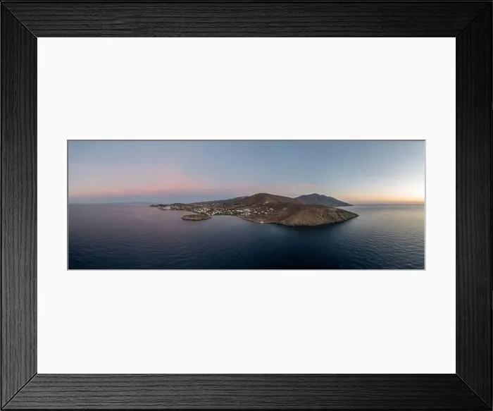 Framed Print : Tinos island, Cyclades Greece. Aerial panoramic drone view of Agios Ioannis bay at sunset Framed Print : Tinos island, Cyclades Greece. Aerial panoramic drone view of Agios Ioannis bay at sunset