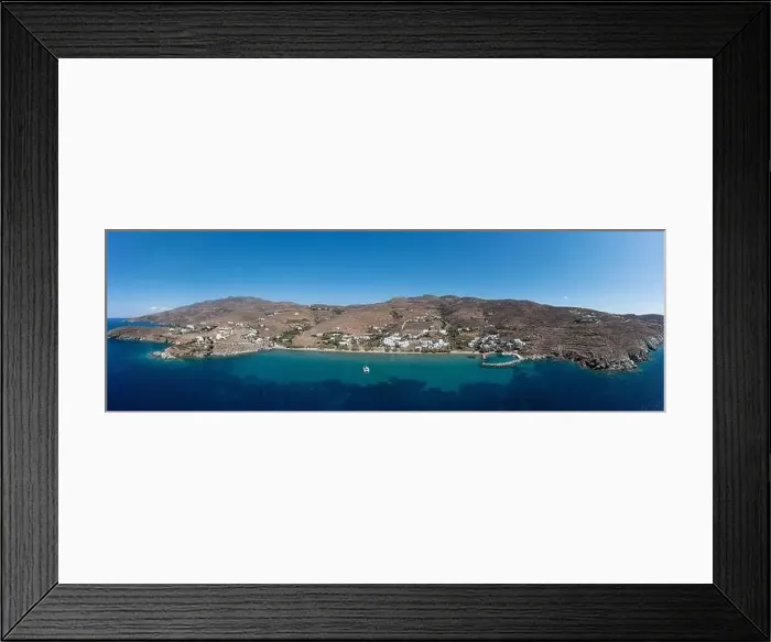 Framed Print : Tinos island, Cyclades Greece. Aerial panoramic drone view of Agios Romanos sandy beach Framed Print : Tinos island, Cyclades Greece. Aerial panoramic drone view of Agios Romanos sandy beach