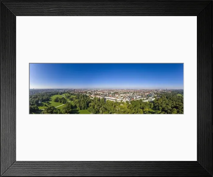 Framed Print : Panoramic aerial drone picture of Munich taken from English garden in the morning time in summer Framed Print : Panoramic aerial drone picture of Munich taken from English garden in the morning time in summer